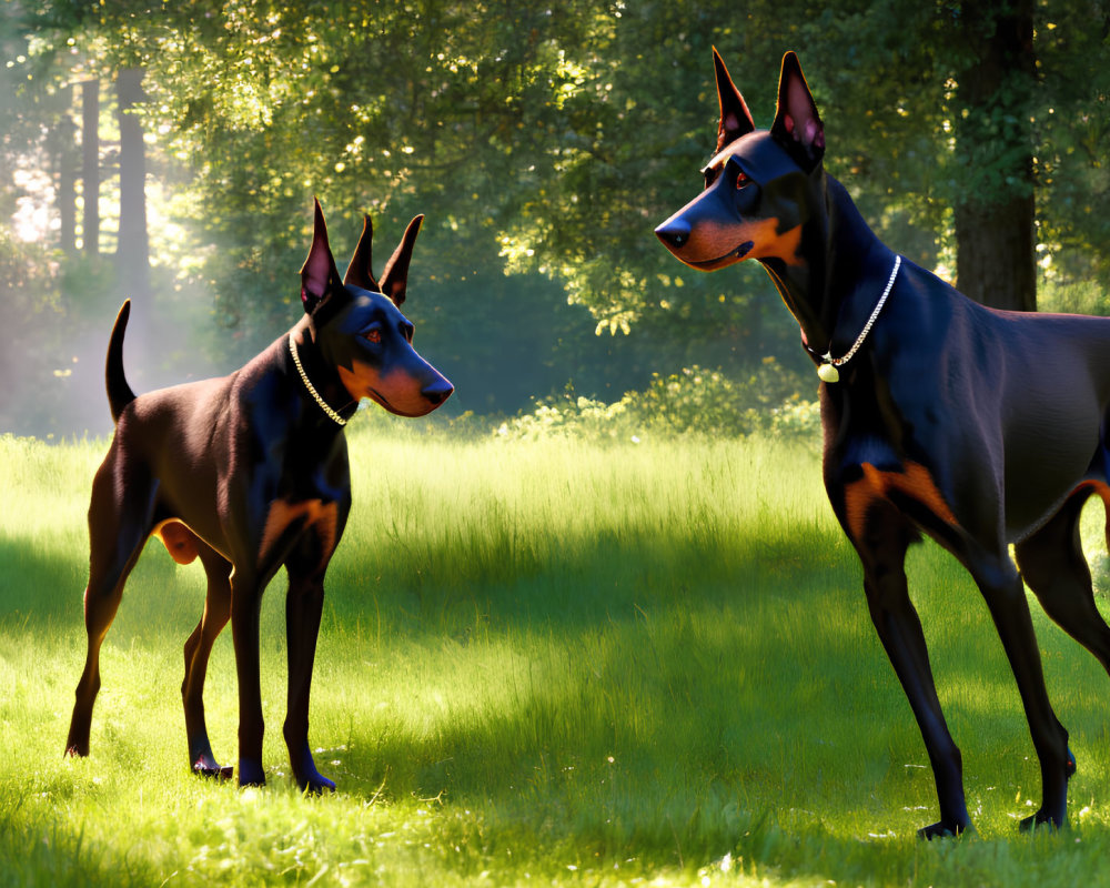 Two Doberman Pinschers in grass under sunlight and trees.