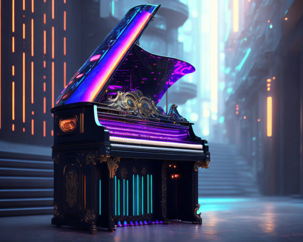 Grand Piano with Neon Lights in Futuristic City Setting at Dusk