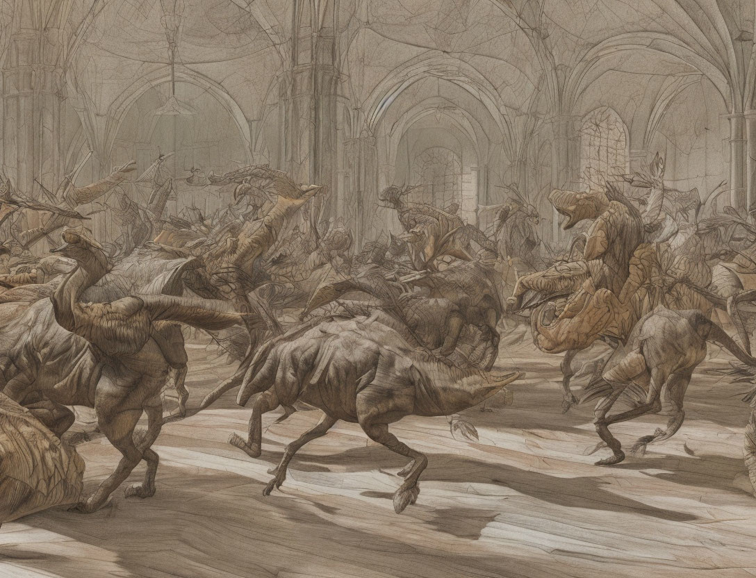 Fantasy sketch: Wolf-like creatures in chaotic cathedral