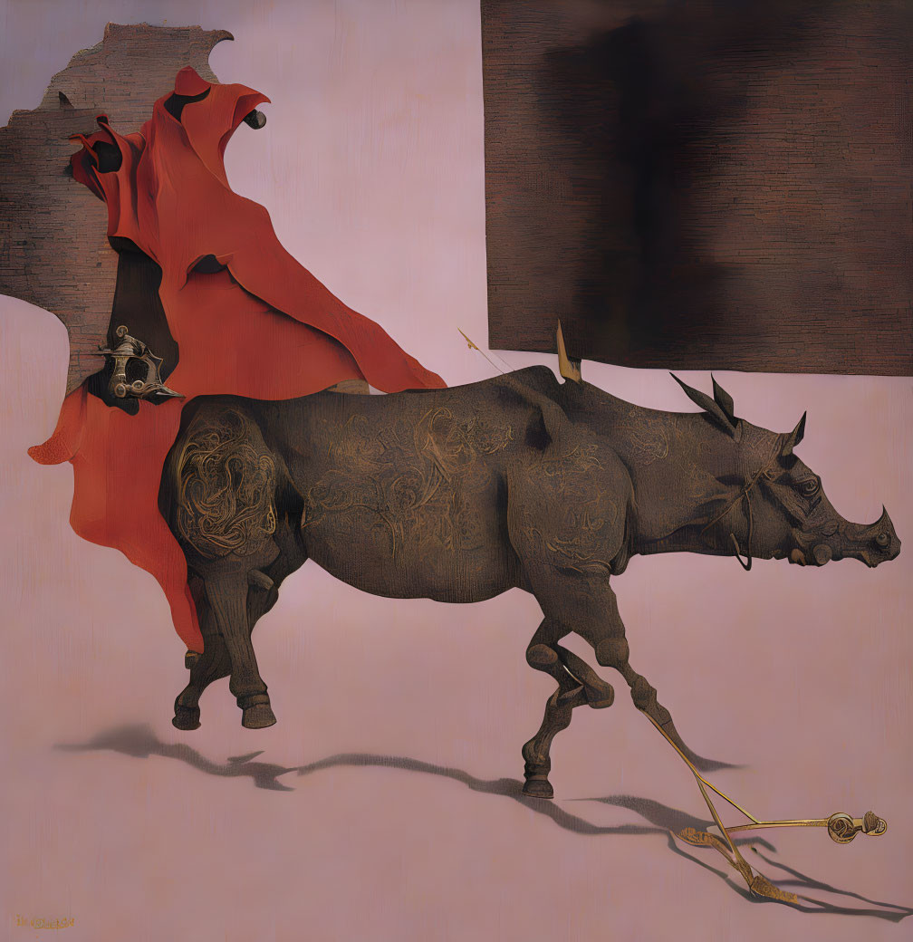 Surreal painting of hollow rhinoceros with intricate patterns and red cloth.