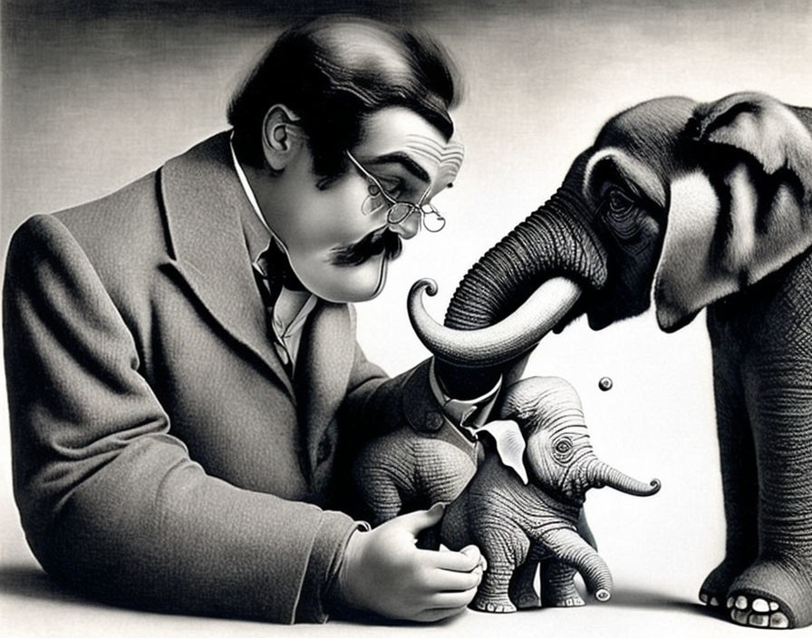 Monochromatic surrealist art: man with mustache, small elephant, and observer elephant.