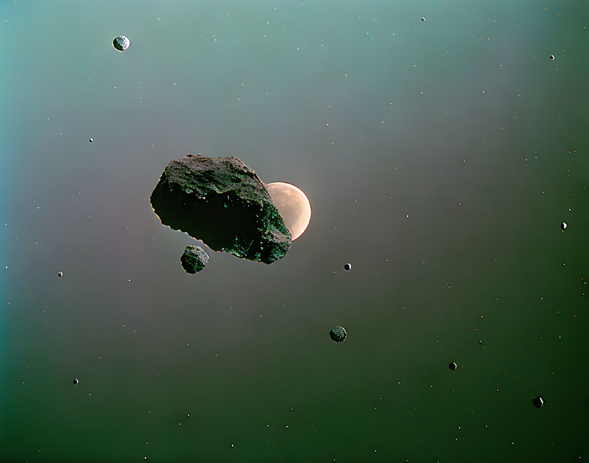 Asteroid surrounded by rocks in space with distant planet and stars