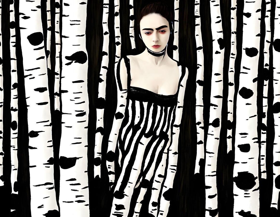Illustration of person with pale skin & dark hair in striped garment among birch trees