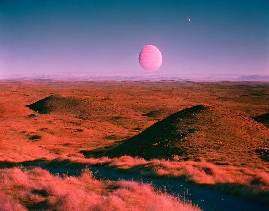 Striped Pink Planet Over Purple Landscape at Twilight