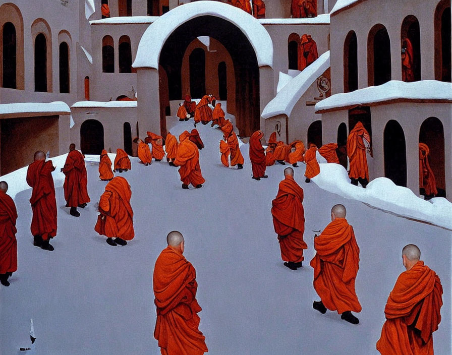 Monks in Orange Robes Gather in Snow-Covered Courtyard
