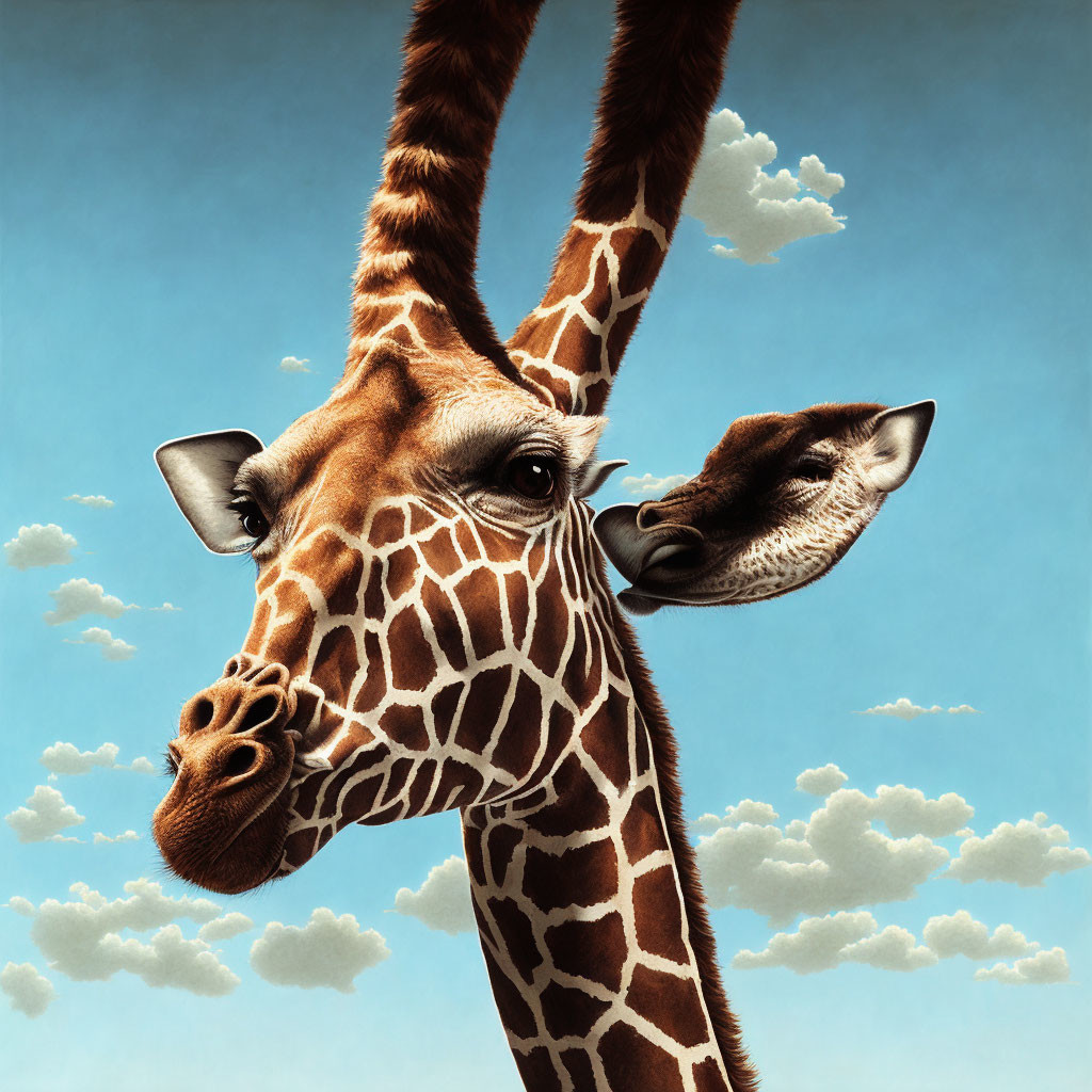Two giraffes with heads in the clouds.