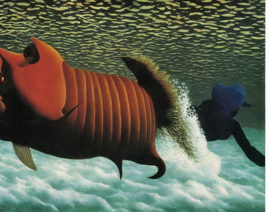Surreal image of giant red fish and diver in blue suit underwater