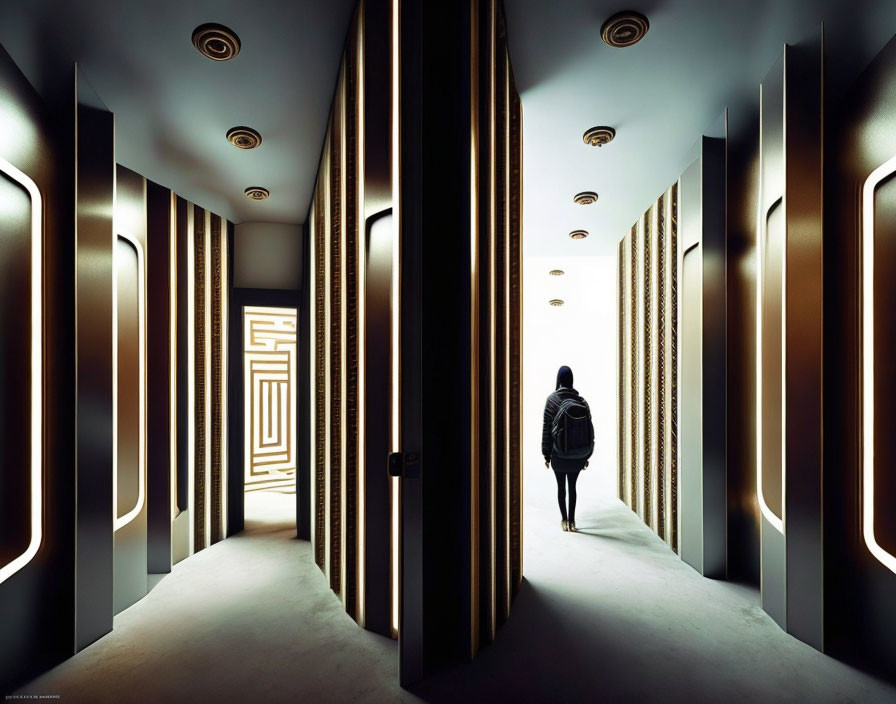 Futuristic corridor with illuminated lines and geometric patterns
