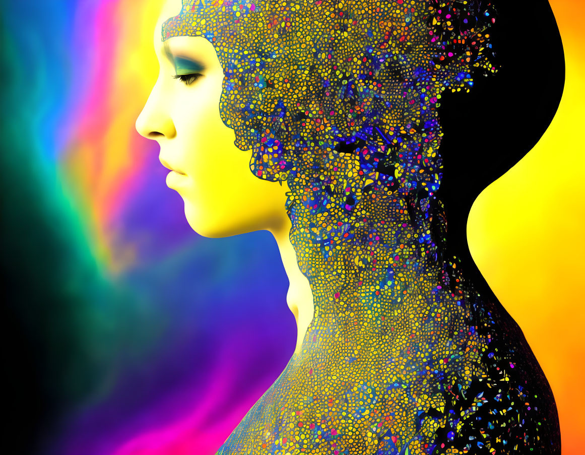 Colorful woman profile with patterned silhouette against rainbow background