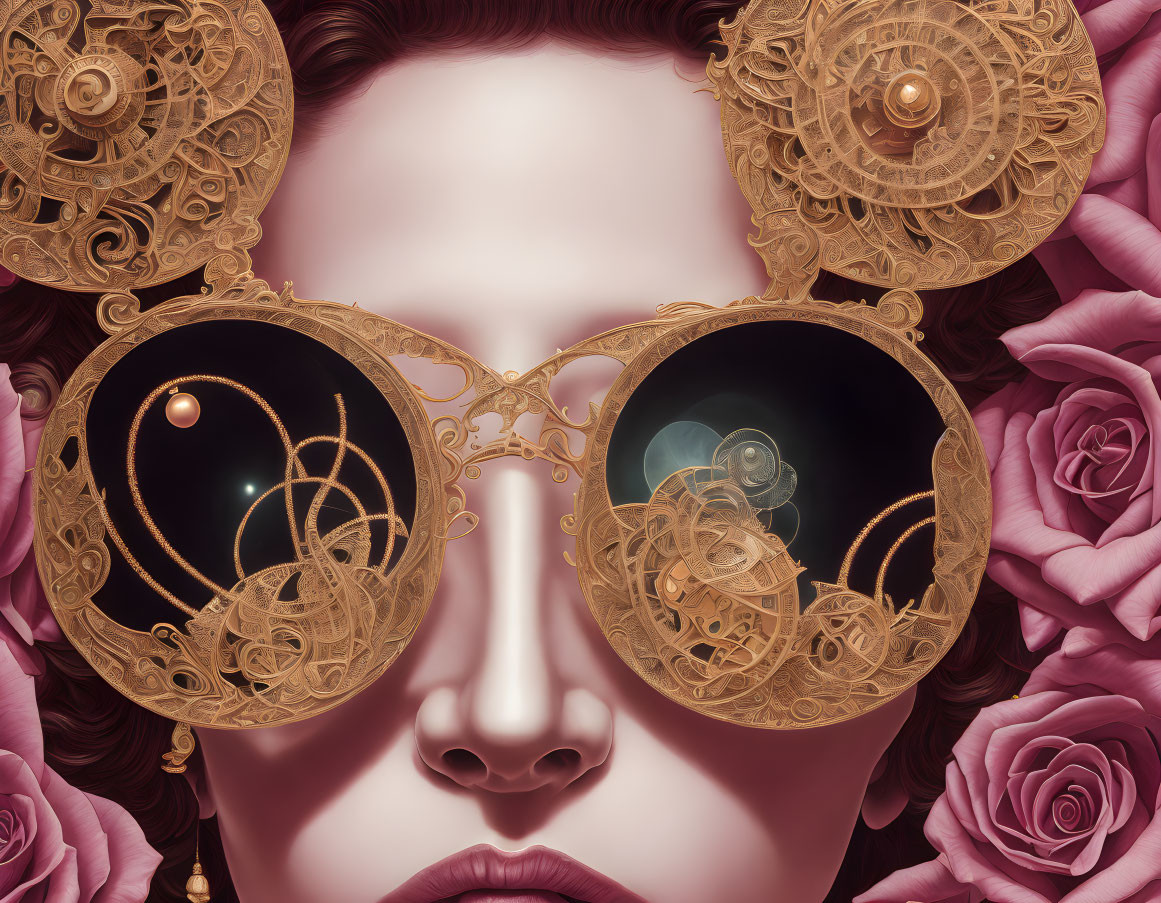 Steampunk-style glasses woman surrounded by pink roses and gears.