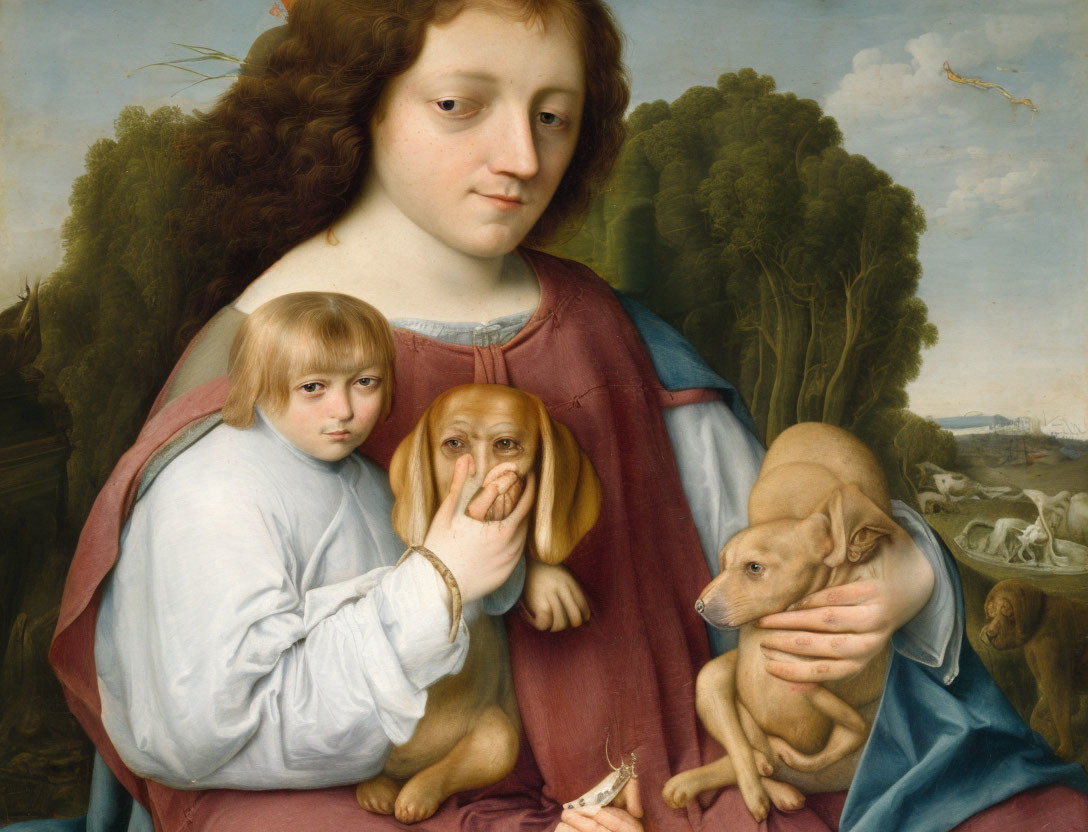 Classical Painting: Person in Blue Cloak with Dogs and Child