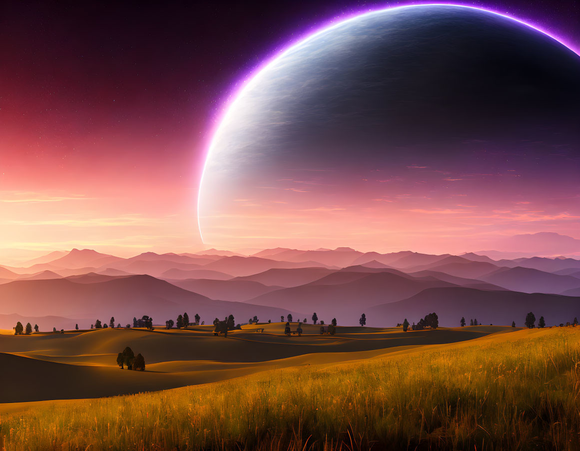 Twilight sky with golden fields and crescent-lit exoplanet