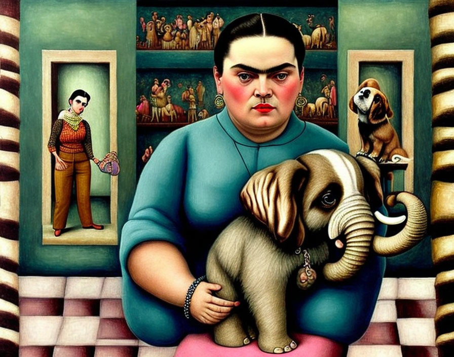 Surreal painting: Woman with miniature elephant, man holding tiny hoop, dog on pedestal, and