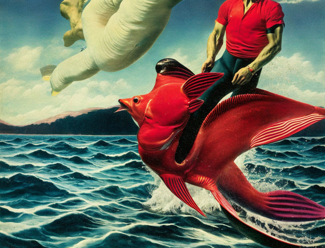 Person in red shirt rides giant fish leaping from choppy waters with hand from clouds.