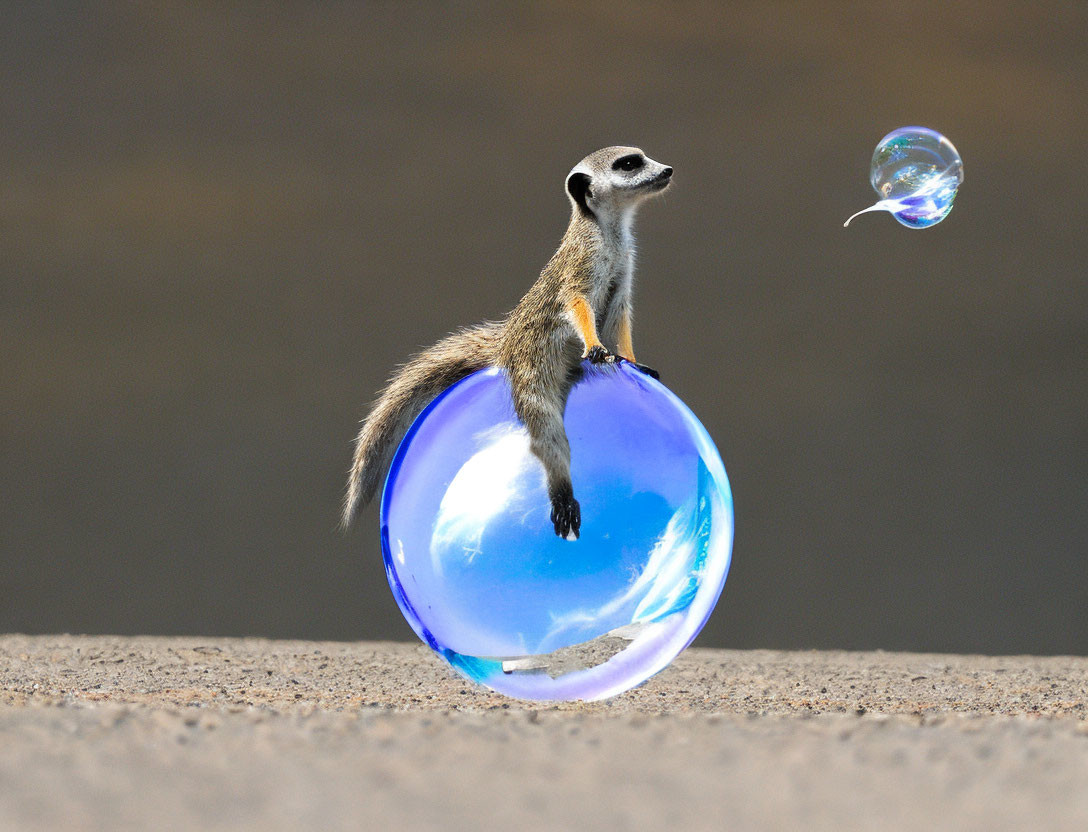 Meerkat balancing on blue sphere with soap bubble nearby
