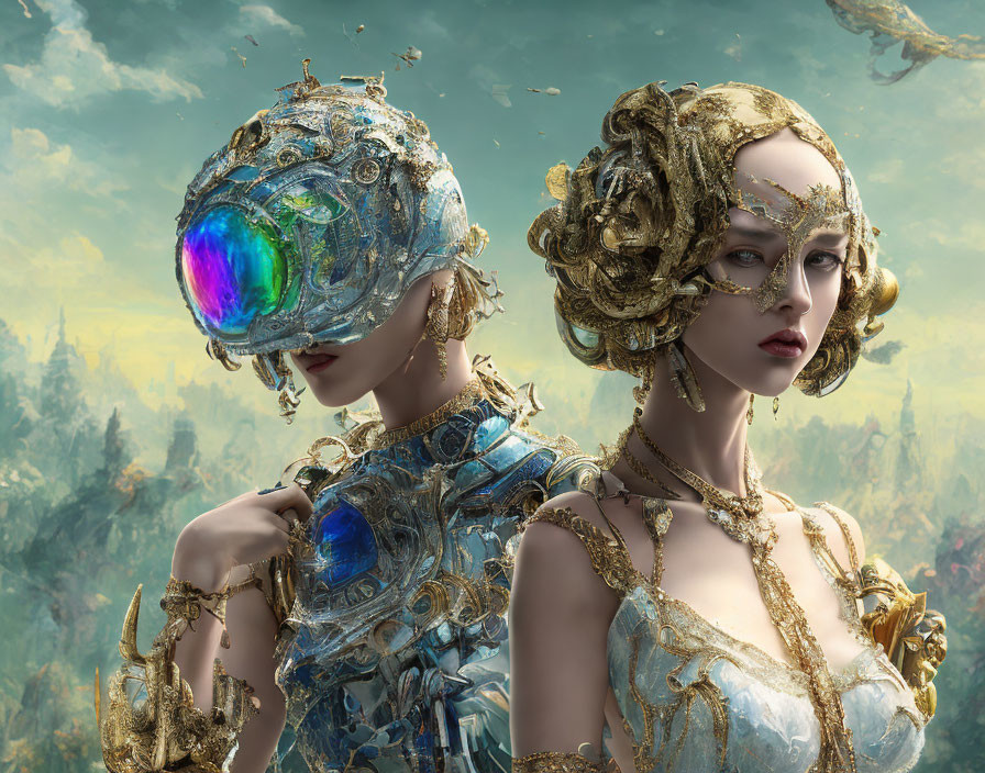Futuristic women with mechanical headpiece in misty landscape