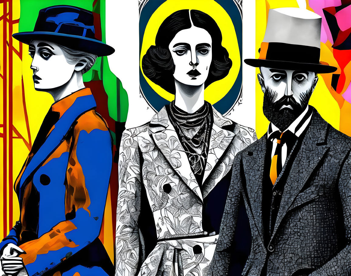Colorful Stylized Portraits of Woman in Blue Coat, Woman with Halo, and Bearded