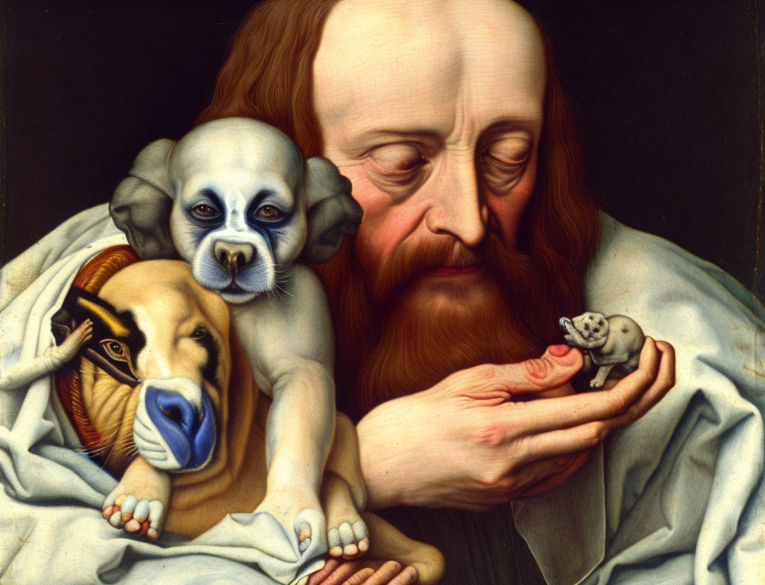 Surreal painting of bearded man with rodent, dogs with human-like eyes