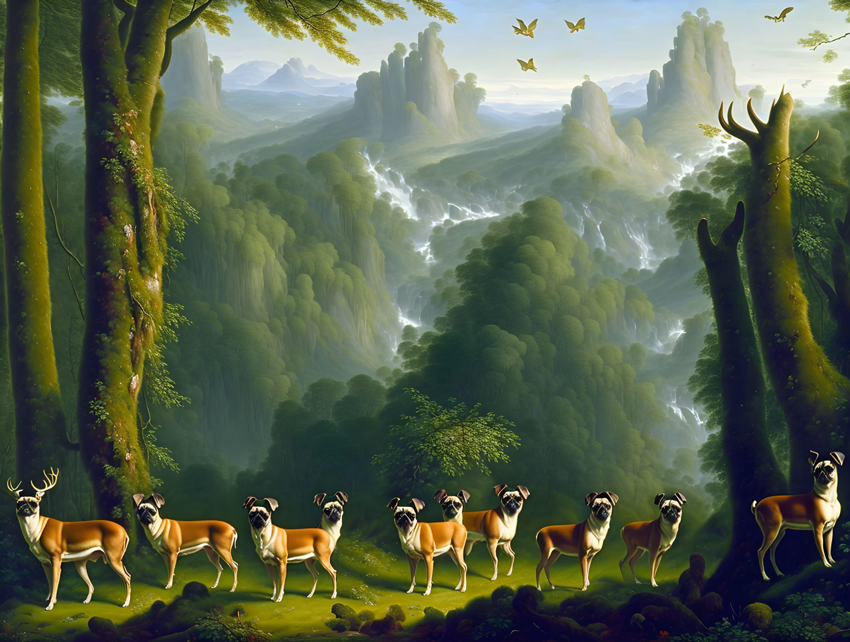 Fantasy landscape with greenery, waterfalls, cliffs, and deer.