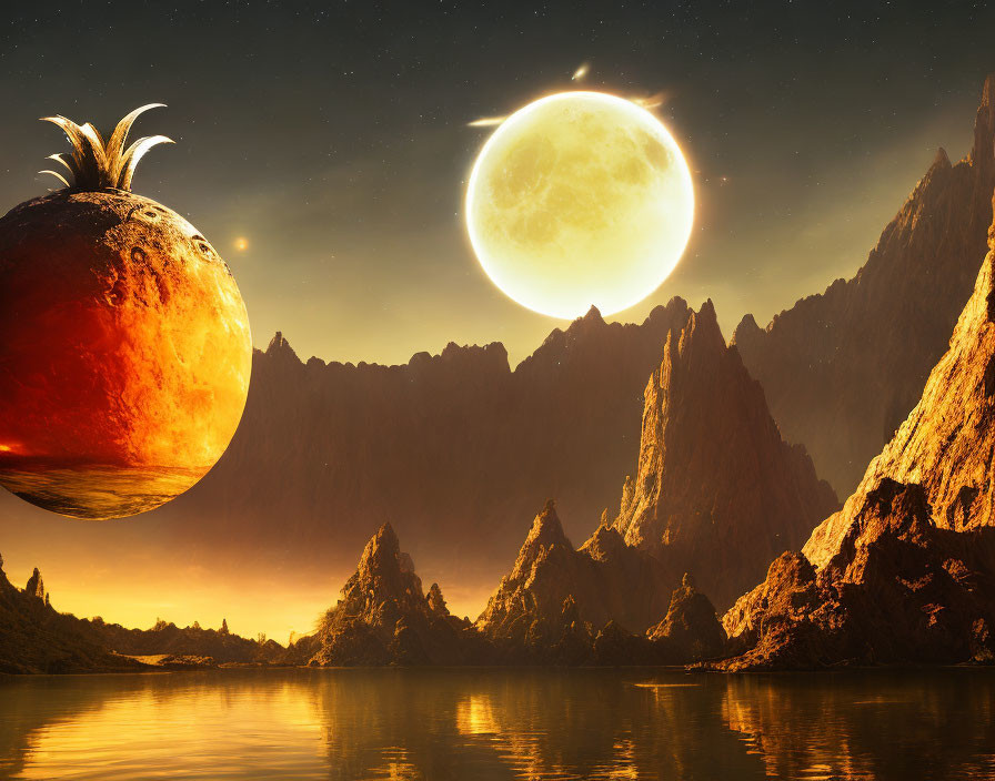 Surreal landscape with giant pineapple planet over rocky mountains