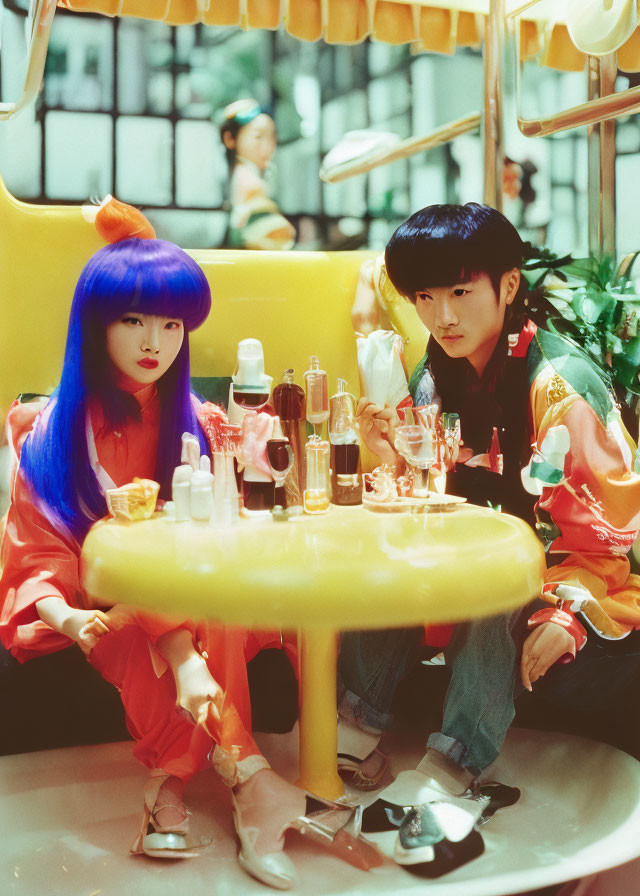 Two individuals with bright blue hair at a yellow diner table with condiments and drinks.