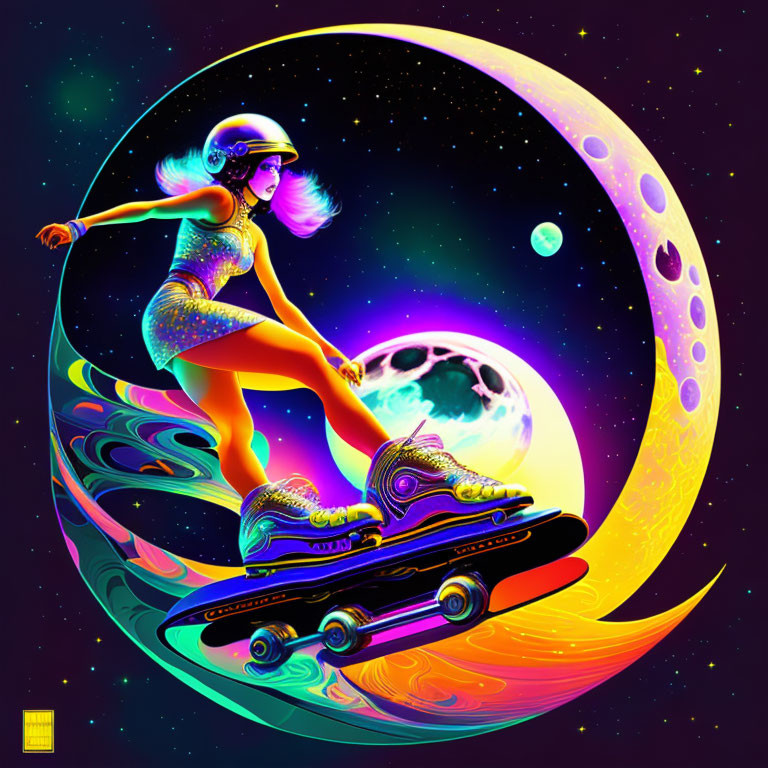 Vibrant illustration of woman skateboarding on cosmic wave