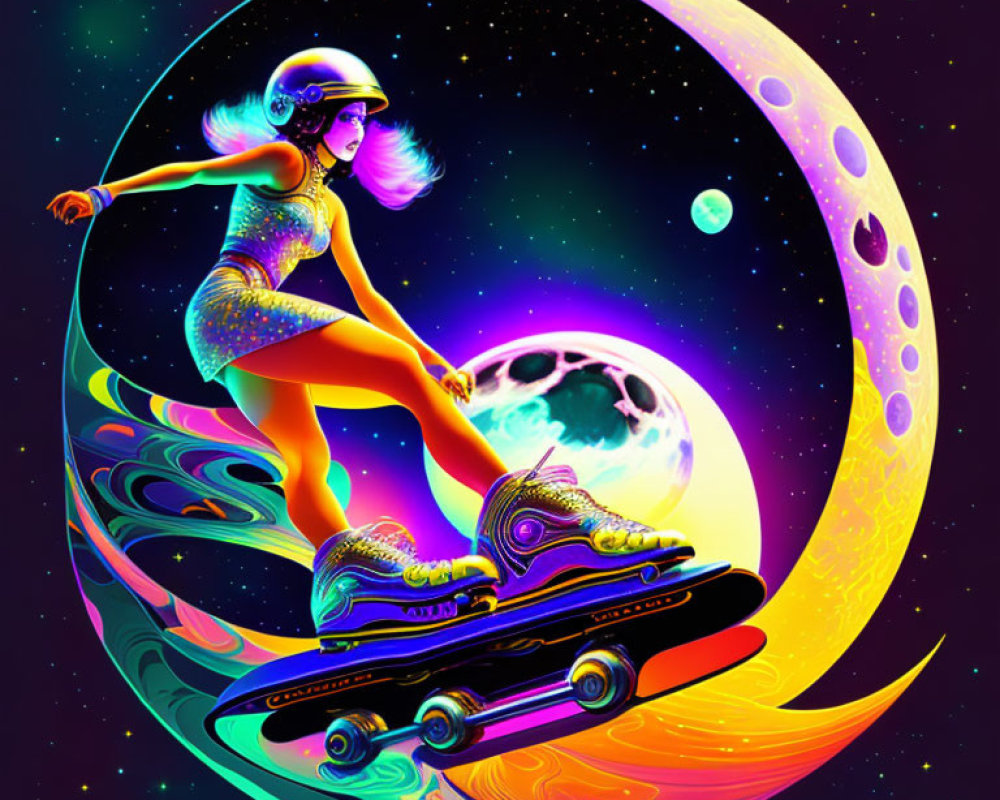 Vibrant illustration of woman skateboarding on cosmic wave