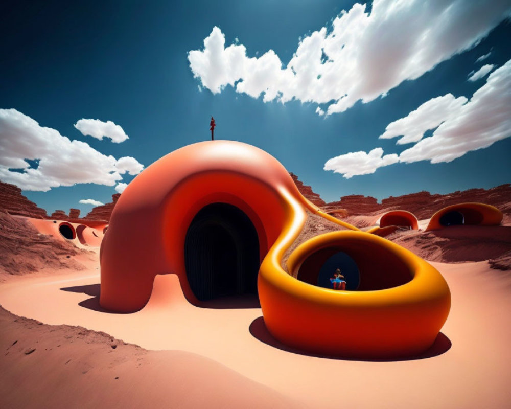 Futuristic red-orange structure with circular opening in desert landscape