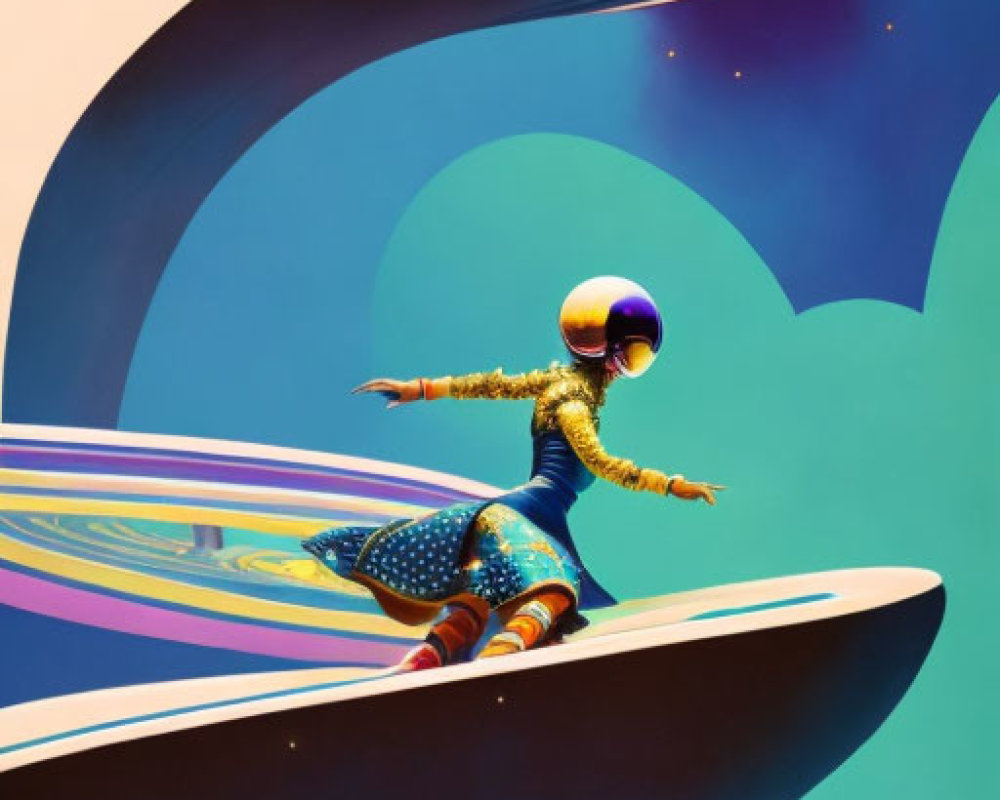 Colorful Spacesuit Surfer Riding Cosmic Waves in Vibrant Outer Space