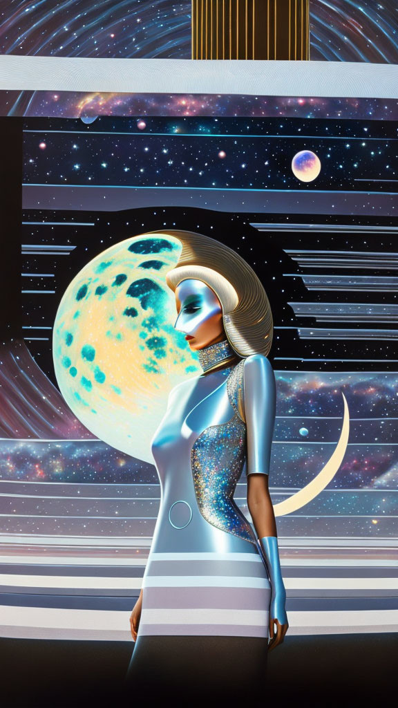 Futuristic illustration of woman with moon hat and cosmic background