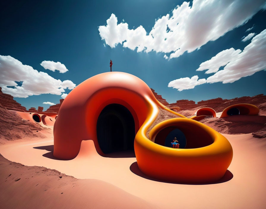 Futuristic red-orange structure with circular opening in desert landscape