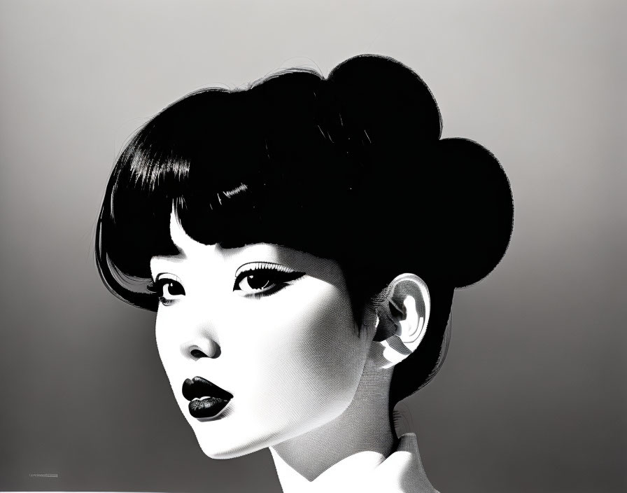 Monochrome portrait of woman with dramatic makeup and updo