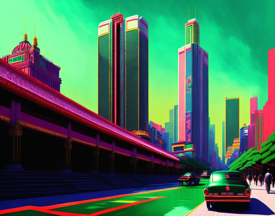 Futuristic cityscape digital artwork with neon colors, skyscrapers, vintage car, monor