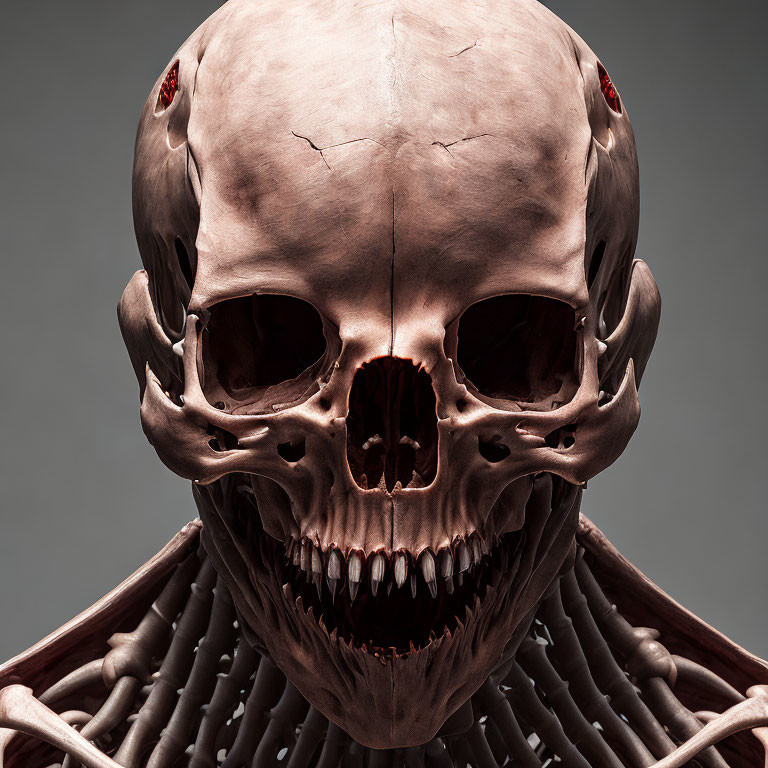 Stylized skeletal figure with oversized skull and pointed teeth on grey background