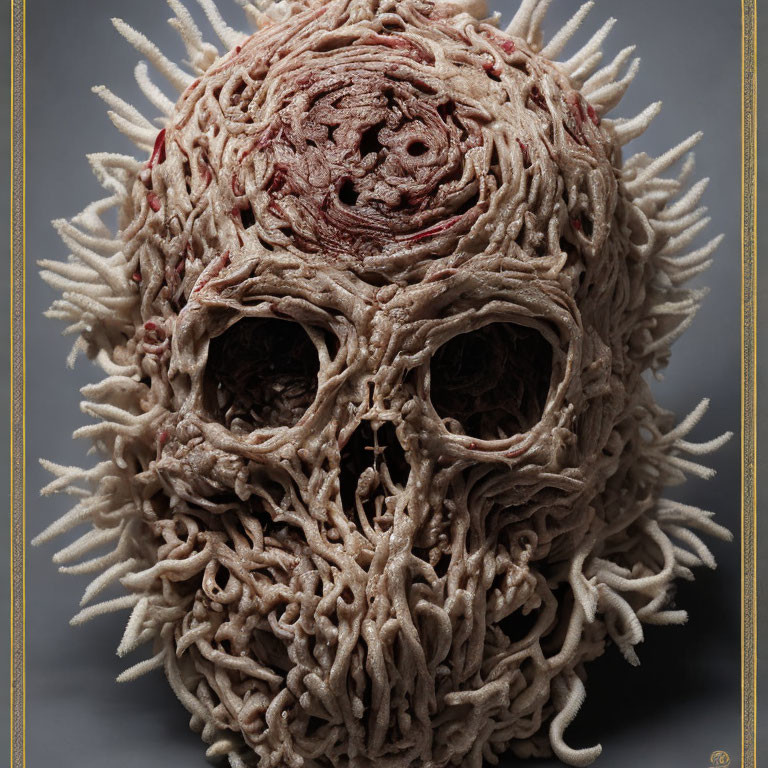 Intricate skull sculpture with organic fibrous texture on gray background