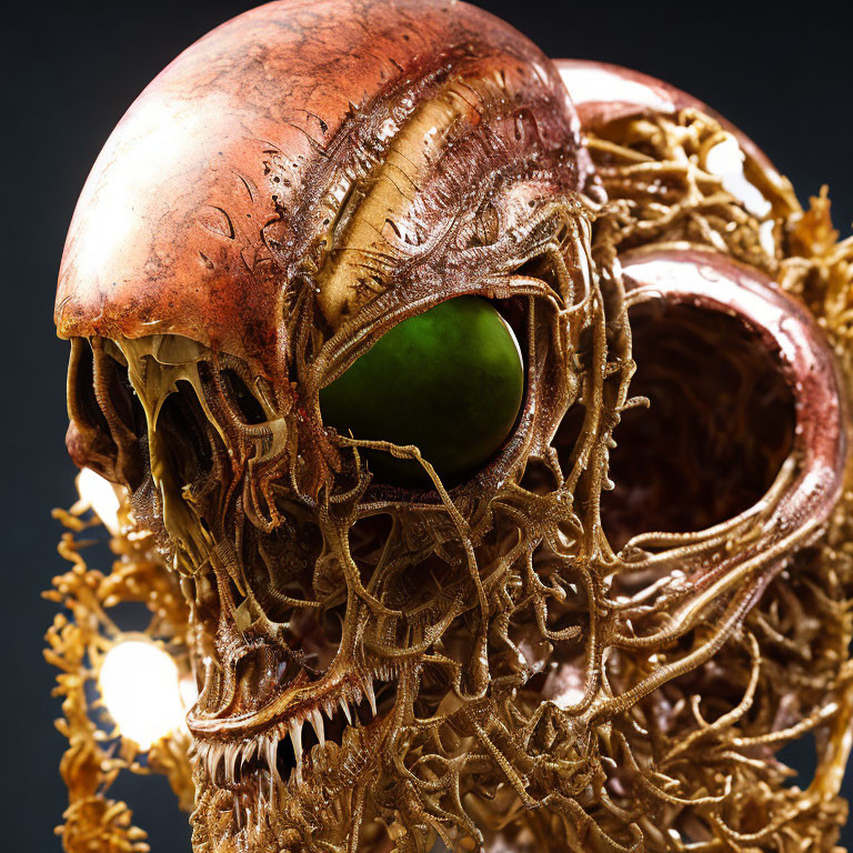 Detailed Alien Creature Head Model with Large Eye Sockets and Metallic Sheen