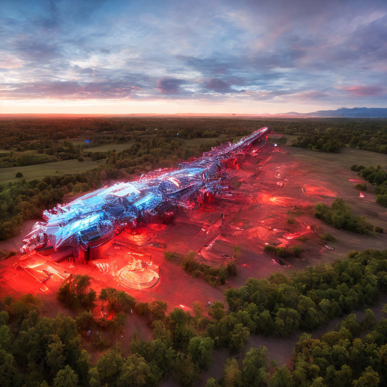 Futuristic train crash scene with vibrant emergency lights in dusk landscape