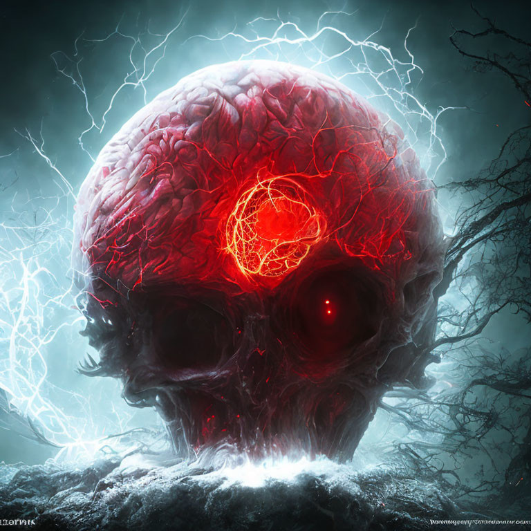 Surreal glowing red skull with illuminated brain in eerie forest scene