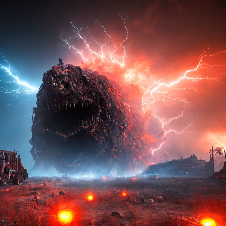 Glowing-eyed monstrous creature in dystopian landscape with fiery destruction