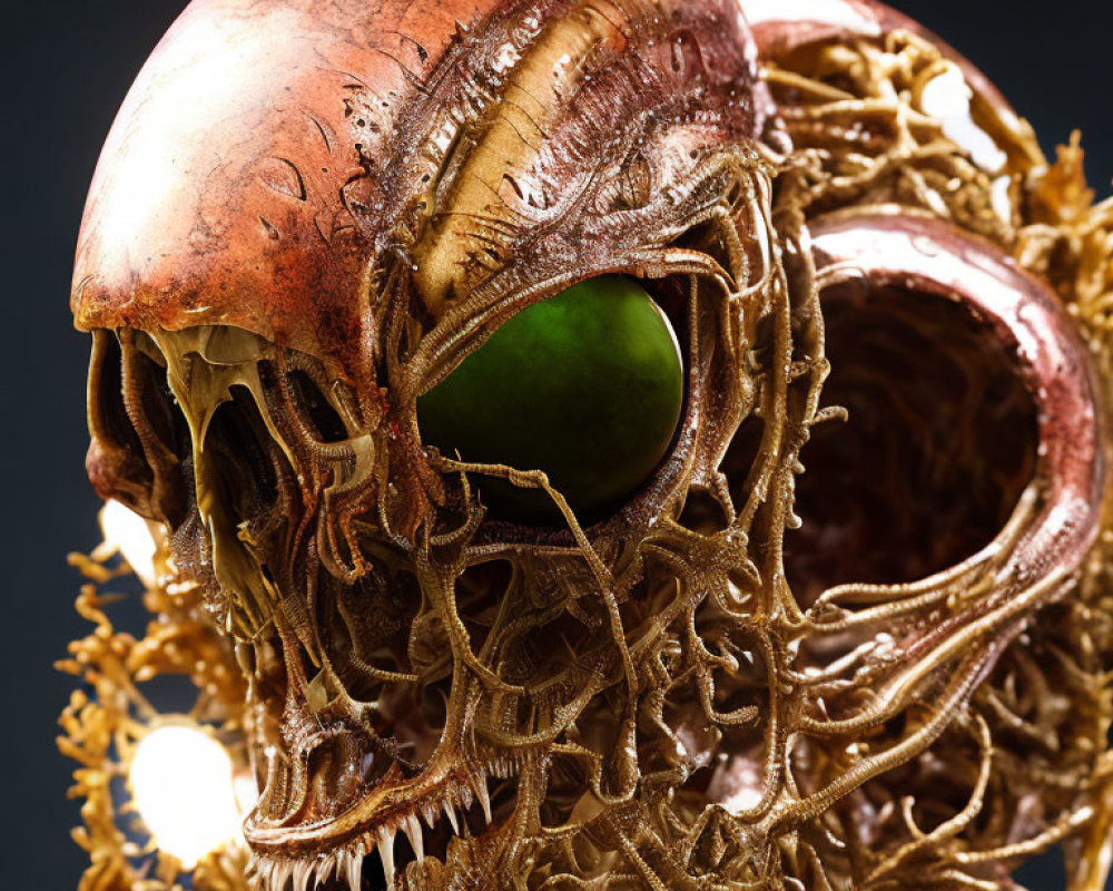Detailed Alien Creature Head Model with Large Eye Sockets and Metallic Sheen