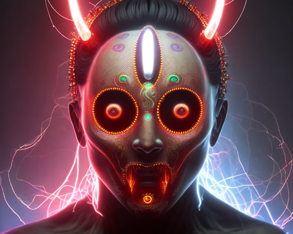 Neon-patterned humanoid figure with horns on dark background