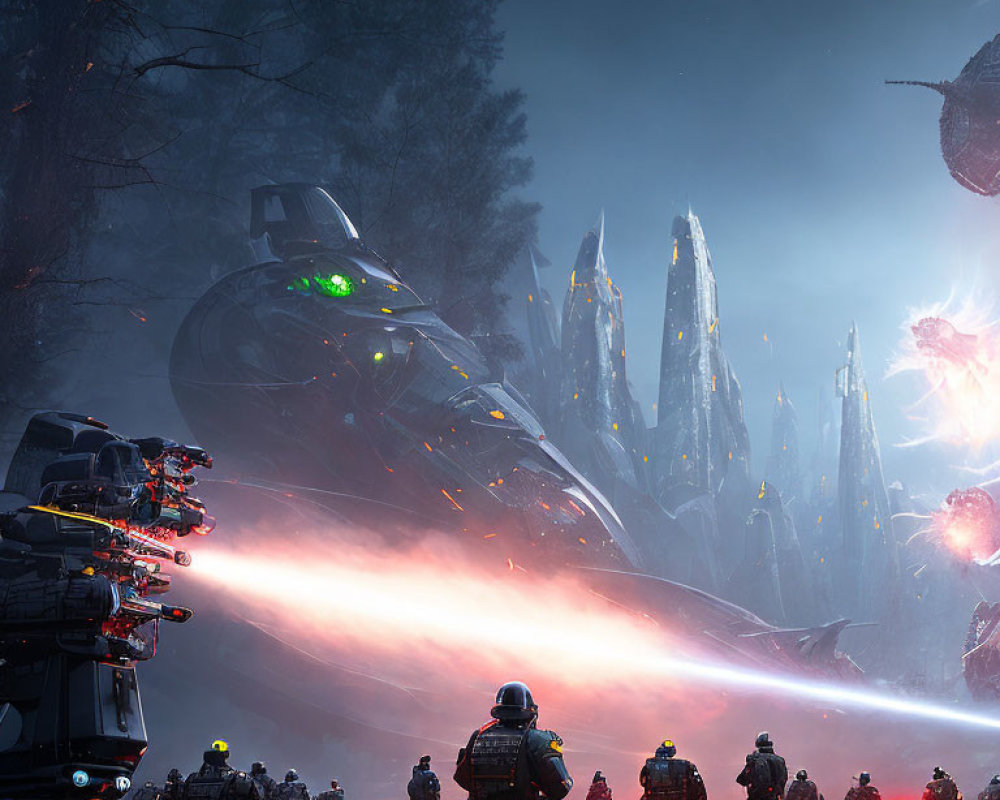 Futuristic battlefield scene with armed figures, mechs, aircraft, and crystalline structures