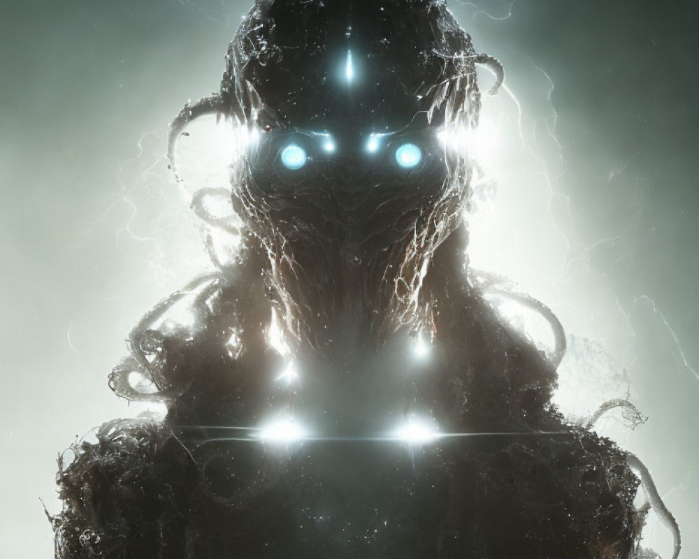 Glowing-eyed figure surrounded by electric currents in misty setting