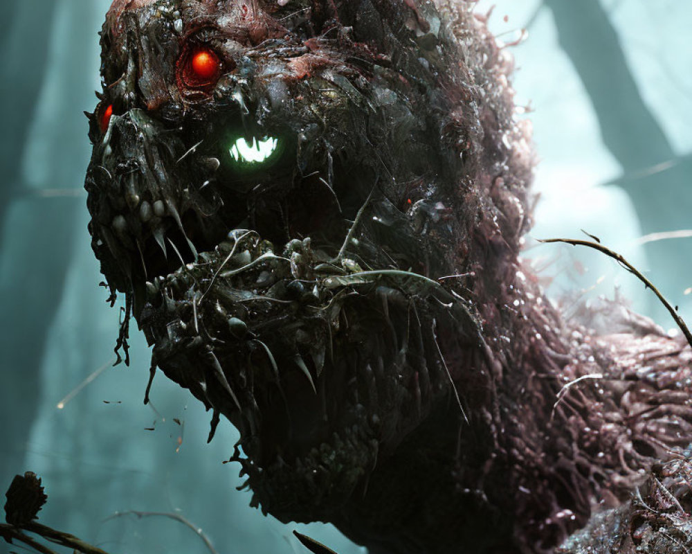 Monstrous creature with vine-covered body and glowing eyes in forest setting