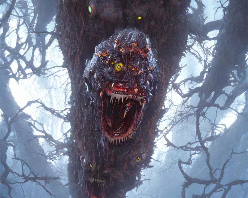 Monstrous tree with sinister faces, glowing eyes, and sharp teeth in eerie forest