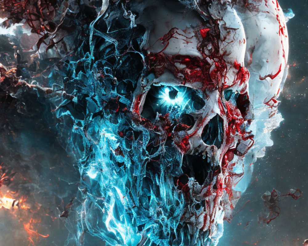 Skull digital artwork with blue and red mystical energy and floating debris