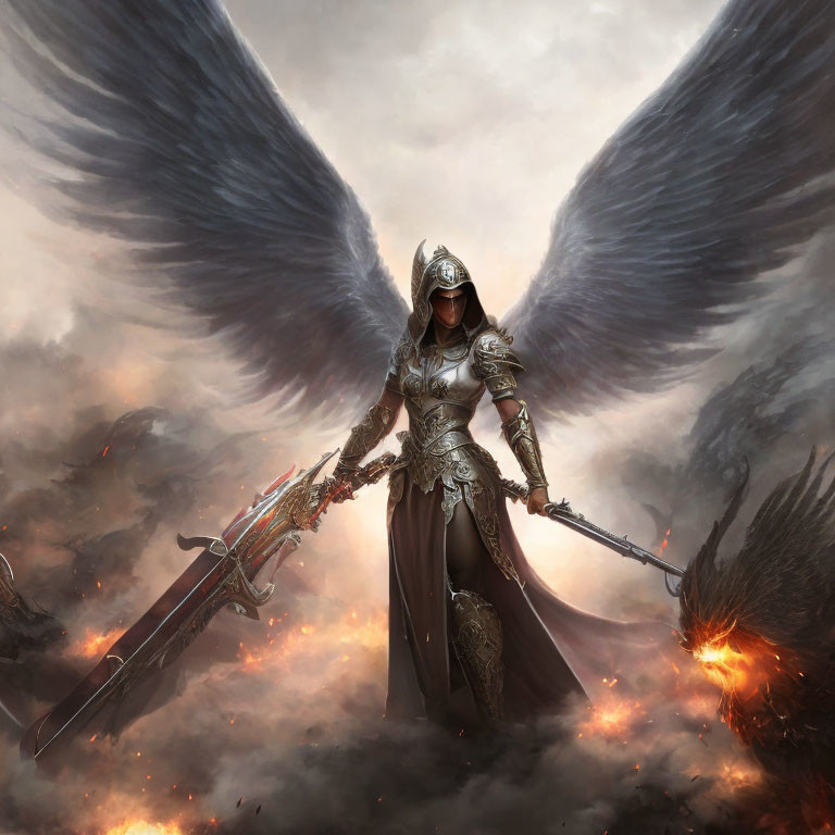 Armored angel with sword and staff in battlefield under stormy sky