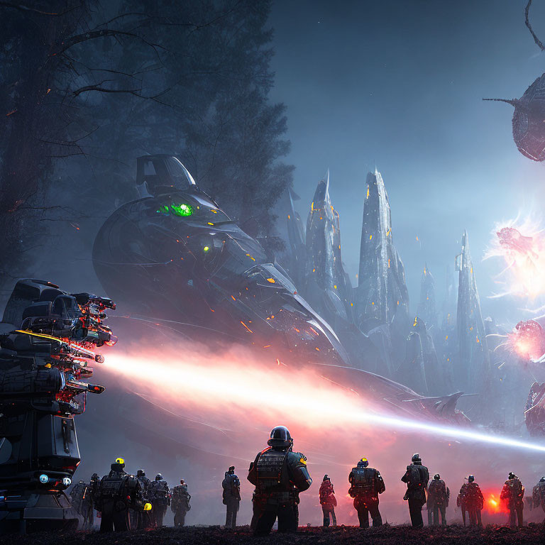 Futuristic battlefield scene with armed figures, mechs, aircraft, and crystalline structures