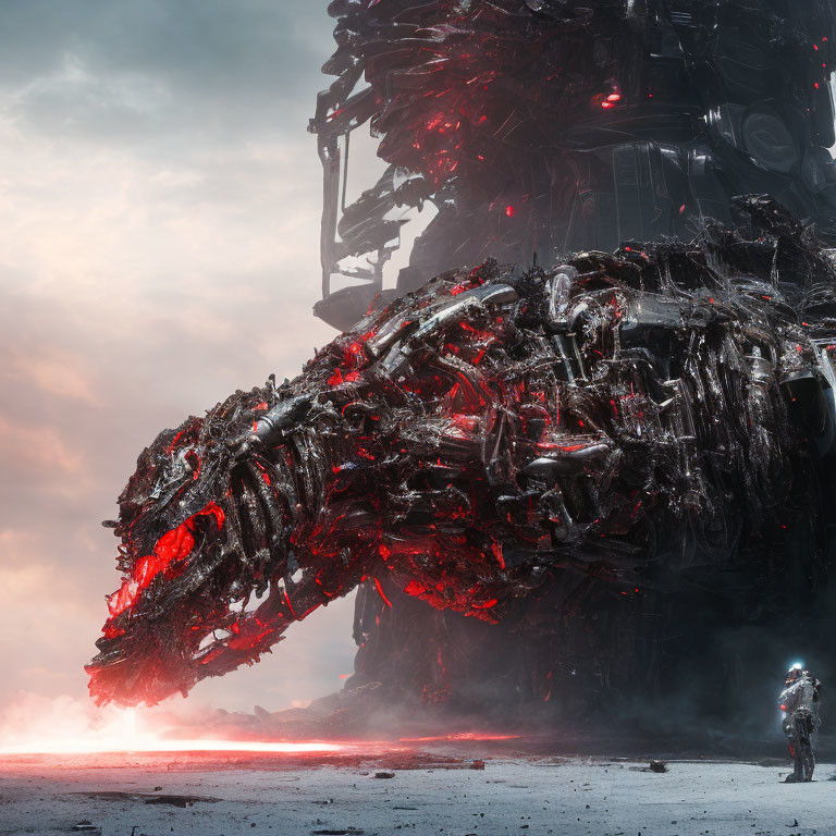 Giant mechanical creature with glowing red fissures in desolate landscape