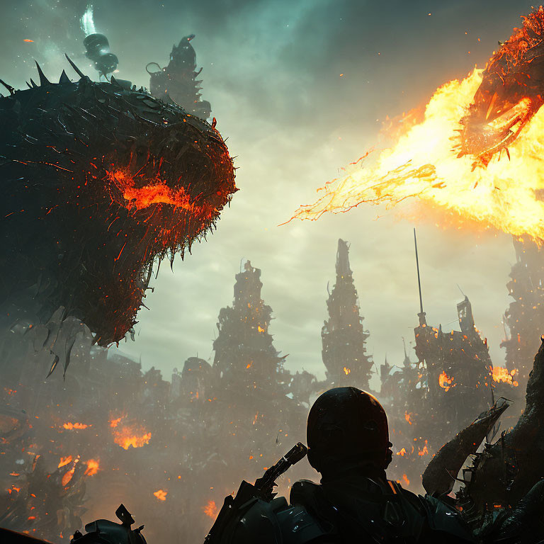Fiery dragon breathing flames over battlefield with armored soldiers in dark, smoky scene